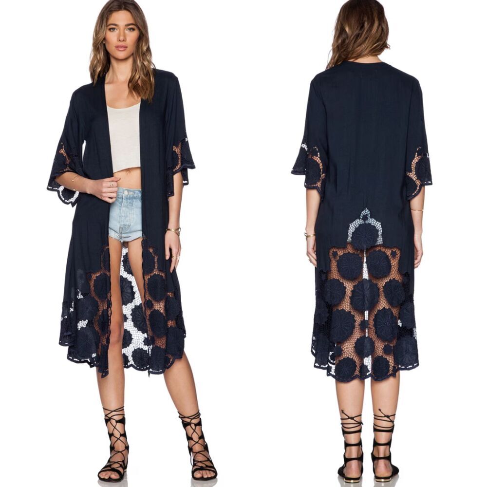 Cleobella Womens Dalla Maxi Kimono Lace Knit Crochet Coverup Black Size XS